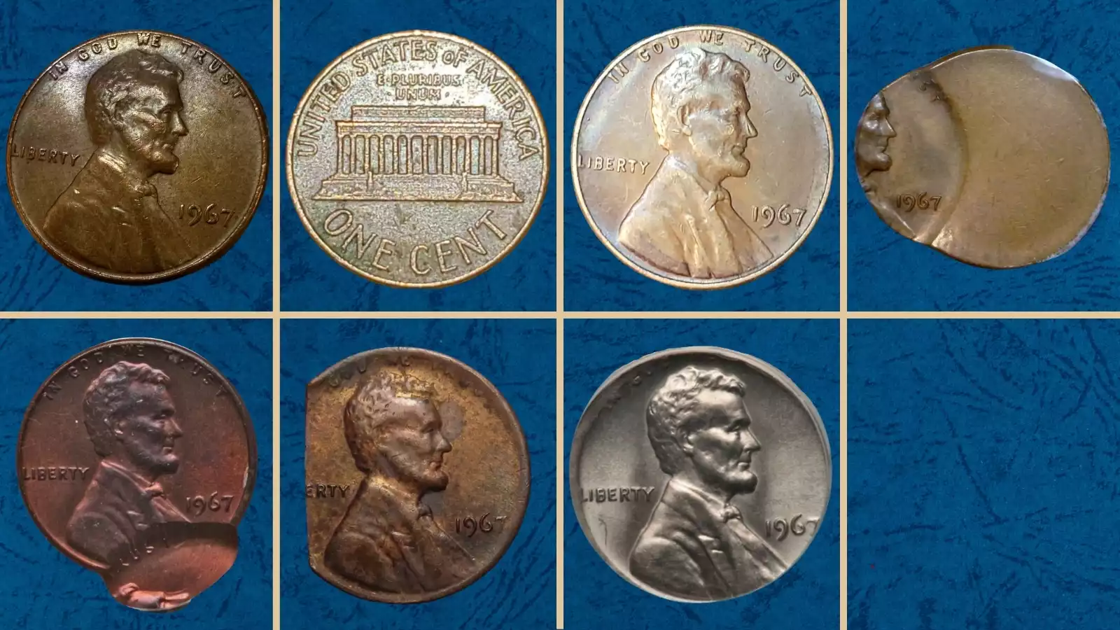 1967 Lincoln cent grading strip showing four condition tiers from worn to gem uncirculated