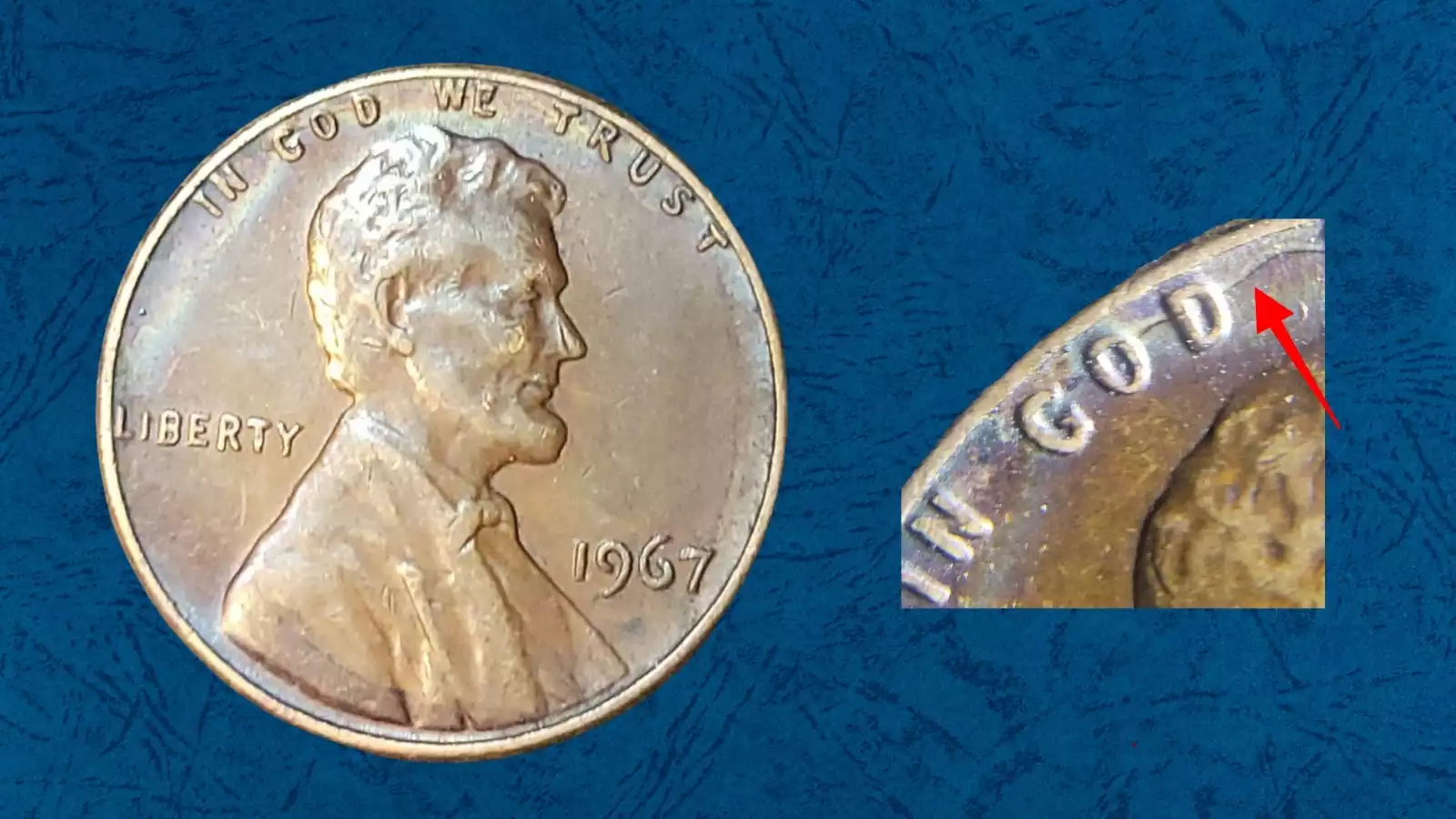 1967 penny die crack error showing raised line across the obverse field caused by die deterioration