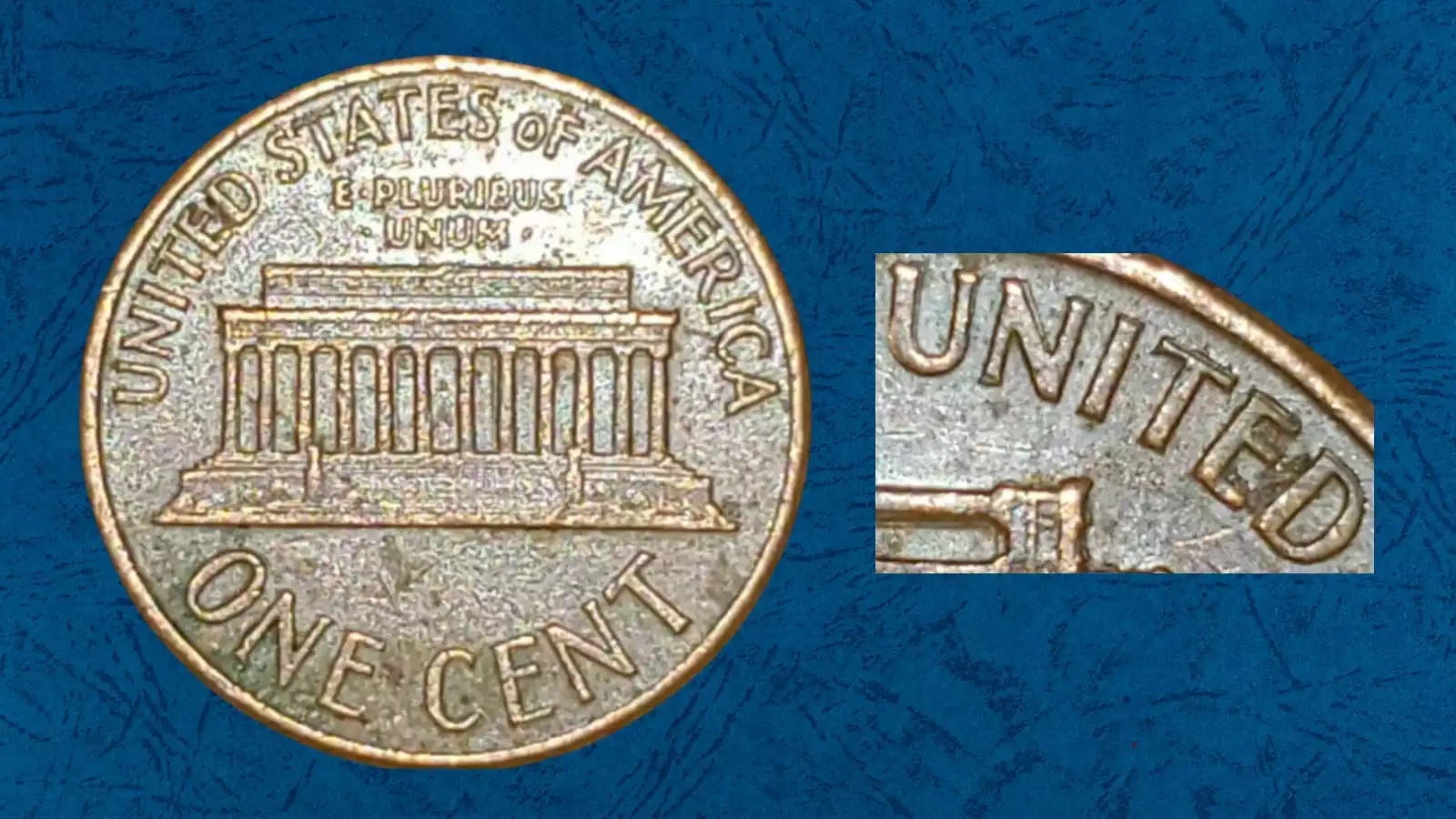 1967 penny doubled die reverse error showing doubling on ONE CENT and UNITED STATES OF AMERICA lettering